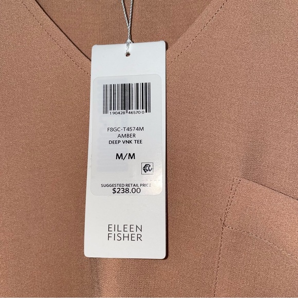 Eileen Fisher Deep V-Neck Tee Signature Silk Georgette Crepe in Amber NWT - Picture 8 of 16